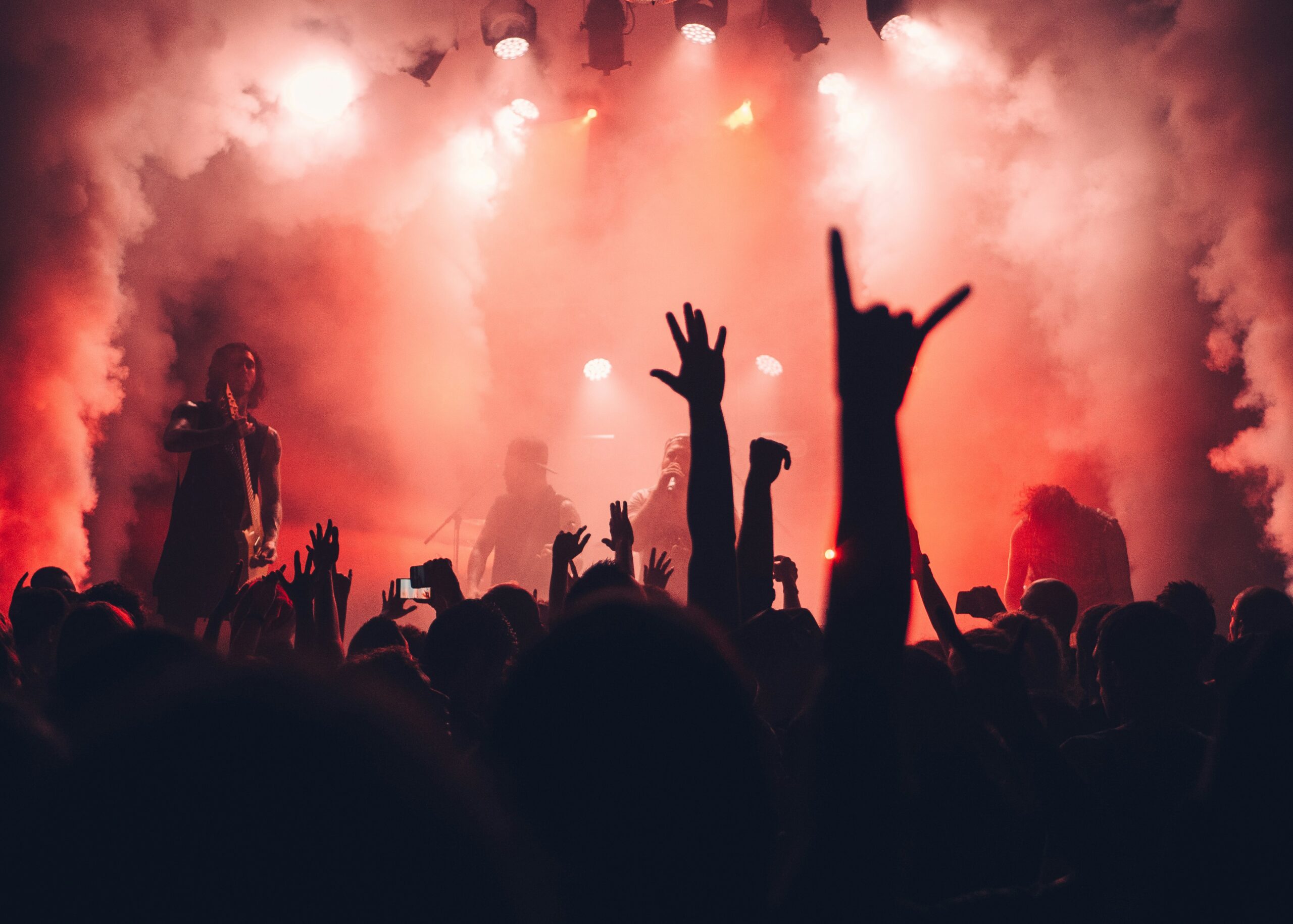 Decorative silhouette of rock concert performers and attendees